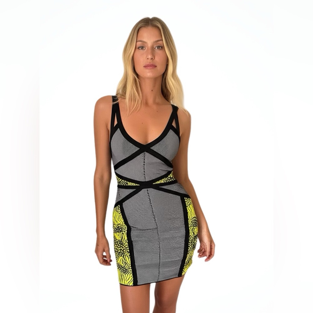 BEBE Black and Yellow Jacquard stretch Bodycon Dress S